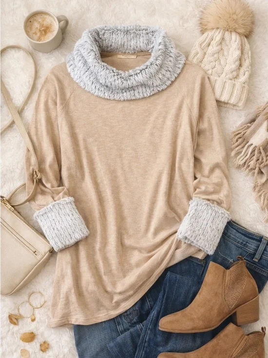 Soft Surroundings | Taupe Faux Fur Cowl Neck Top | Cozy Lounge Sweater | Size S - Picture 2 of 6